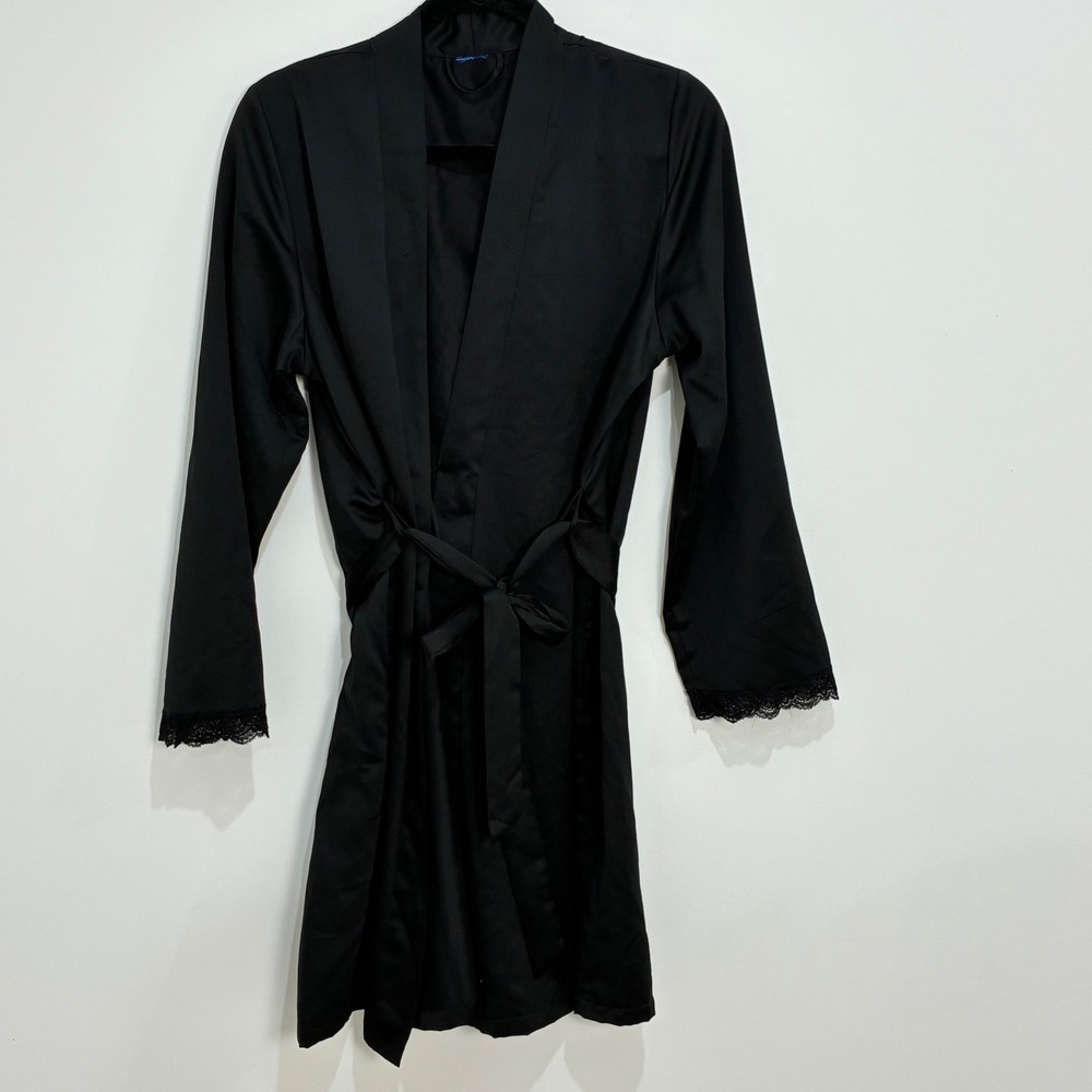 Satin Lace Trim Short Robe Belted Kimono Style Lingerie Sleepwear Black M/L